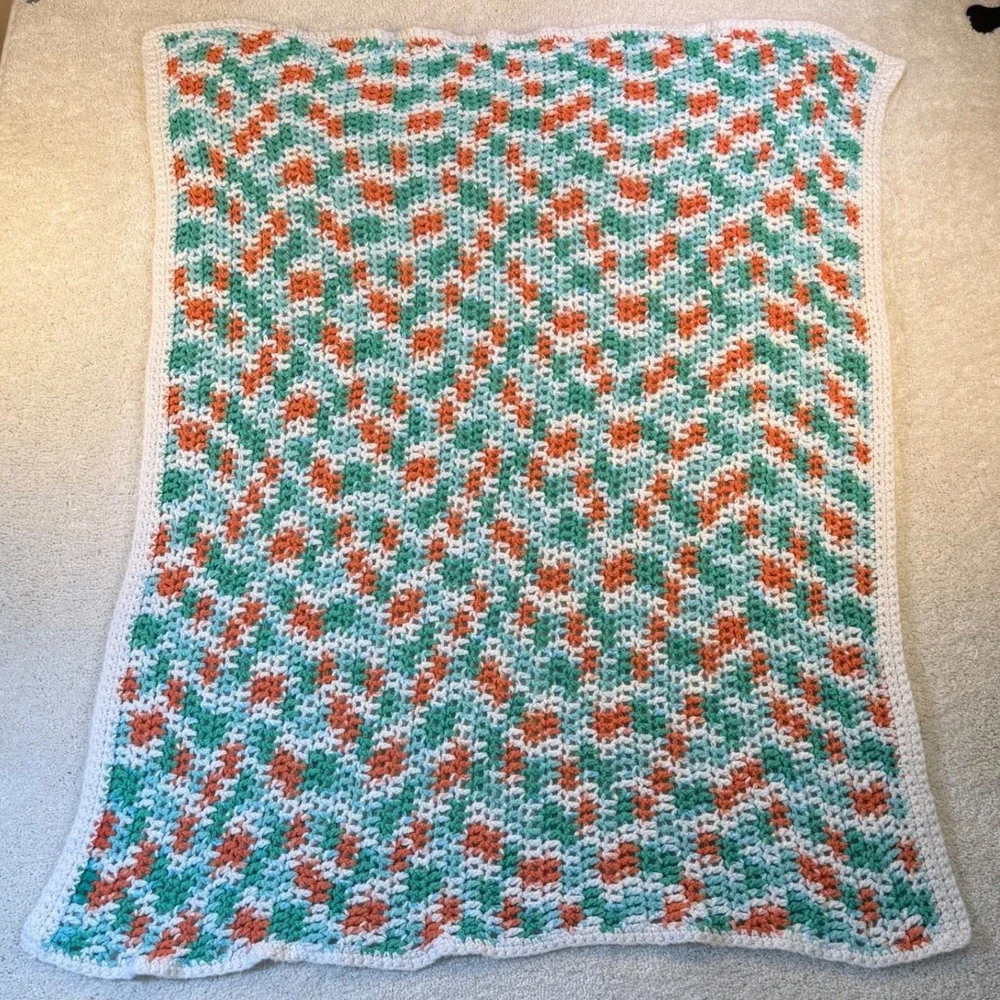 Handmade Crocheted Baby Blanket‎ Knit Throw Orange Green White Kids Nursery